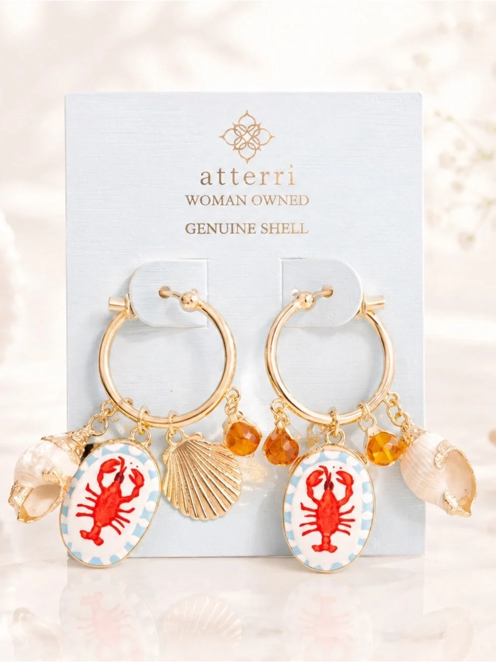 Atterri Gold Hoop Dangle Earrings Red Lobster Genuine Shell Charms Rhinestone